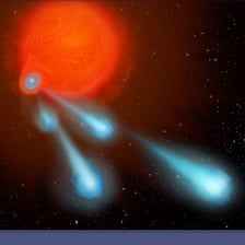 Stars depicted as glowing balls of hot plasma in space.