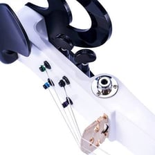 An electric violin connected by a cable to an amplifier.