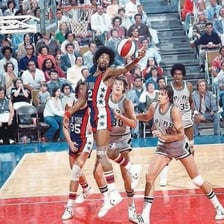 A historical American Basketball Association basketball game.