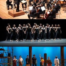 Performers representing music, dance, and drama on a stage.