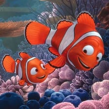 An orange-and-white clownfish resembling Nemo swimming near a coral reef.