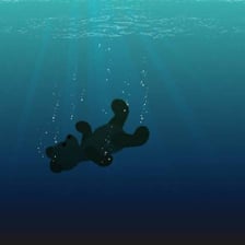 An educational-style illustration of a doll resting at the bottom of a pool.