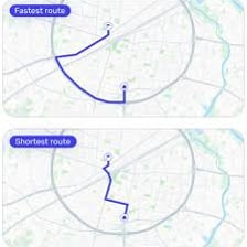 A map showing a short route alongside a longer alternative