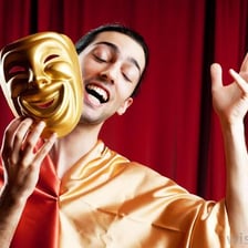 A theater actor making a dramatic facial expression onstage.