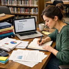 A graduate student working on a research thesis at a desk.