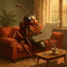 An ant next to a reporter writing a story.
