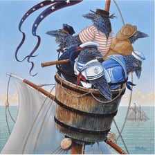 A crow perched above a ship in a crow's-nest setting.