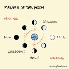 A moon shown progressing through waning phases