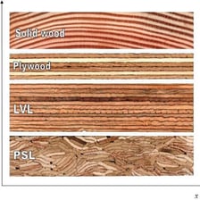 Thin sheets of wood veneer displayed beside a thicker wood surface.