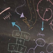 A hopscotch grid drawn in chalk on pavement