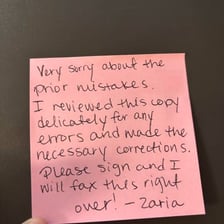Person reviewing a document a second time.