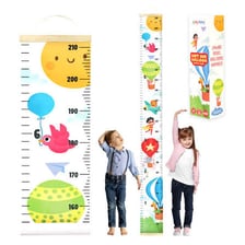 A child being measured against a height chart.
