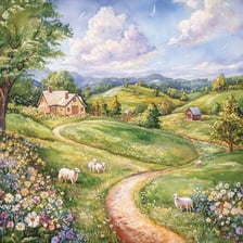 A peaceful rural landscape with fields and grazing animals