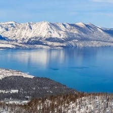 Snow-covered ski slopes and mountains near Lake Tahoe