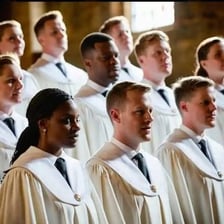 A choir wearing robes while performing in a church.