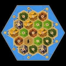 A Settlers of Catan board with hexagonal terrain tiles and pieces
