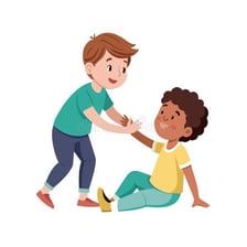 One friend helping another in a cheerful interaction.
