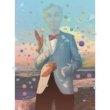 Bill Nye pictured near wind turbines.