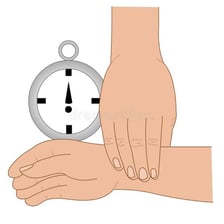 A person checking a pulse at the wrist.
