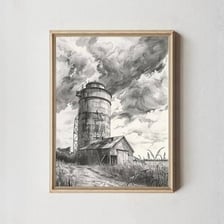 A tall grain silo beside a rural farm.