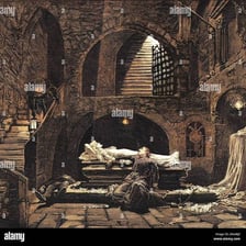 A stage depiction of Romeo and Juliet in the tomb scene