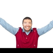 An enthusiastic person cheering with raised arms.
