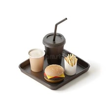 A fast-food meal served with a burger, fries, and a drink.