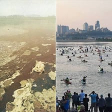 A clear river shown in contrast with visibly polluted water.