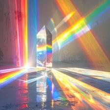 A glass prism dispersing a beam of white light into rainbow colors.
