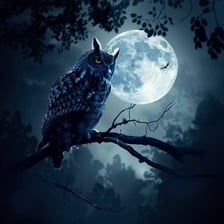An owl perched on a branch in a nighttime setting.