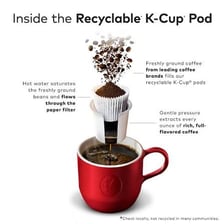 A single-serving K-Cup coffee pod beside a Keurig brewer.