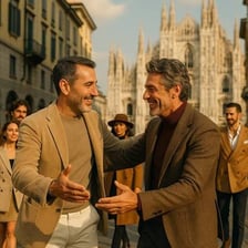 A person waving goodbye in an Italian setting