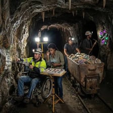 A miner working underground with equipment used to locate or extract ore.