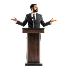 A speaker delivering a formal speech from behind a podium