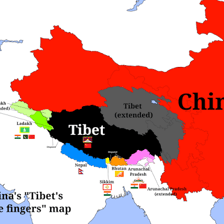 A map showing Bhutan south of Tibet.