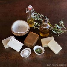 Soap-making supplies including lye and oils.