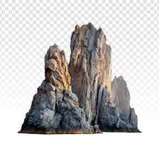 A steep, jagged rock formation rising from a mountainous landscape