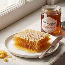 Honey associated with a bee and presented as food