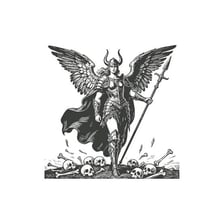 An illustration of a Norse Valkyrie carrying a spear.