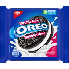 An Oreo Double Stuf package and sandwich cookie.