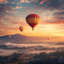 A hot-air balloon ascending above the landscape