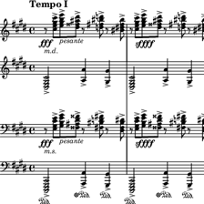 A printed musical score containing the Italian direction “più.”