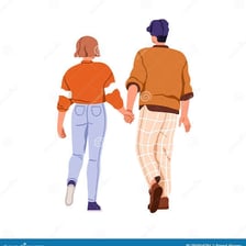 An illustration of one person accompanying another while walking behind them.