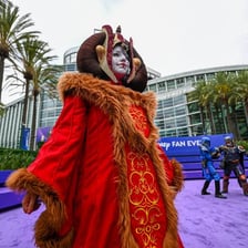 Fans wearing character costumes at a convention.