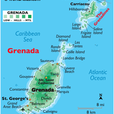 A map and coastal landscape representing Grenada in the Caribbean.