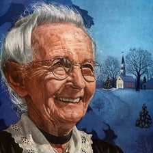 A portrait of folk artist Grandma Moses alongside one of her paintings.