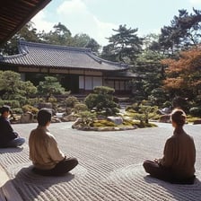 A Zen meditation setting with a monk near a rock garden
