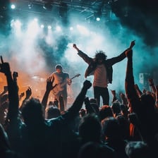Energetic performer displaying enthusiasm on stage