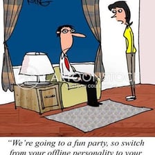 An illustration contrasting an online avatar with a person in the real world.