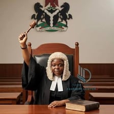 A judge reviewing documents in a courtroom.